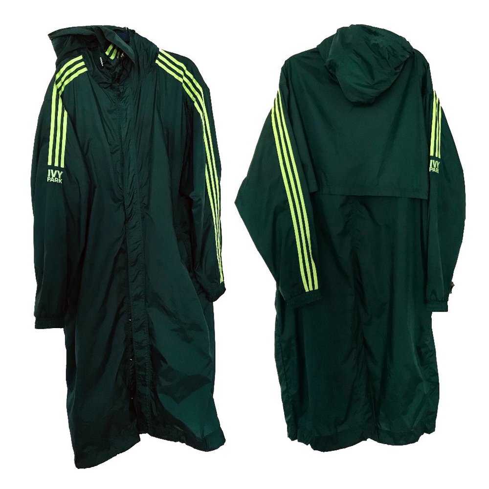 IVY PARK Dark Green Long Hooded Windbreaker with Neon Yellow Stripes